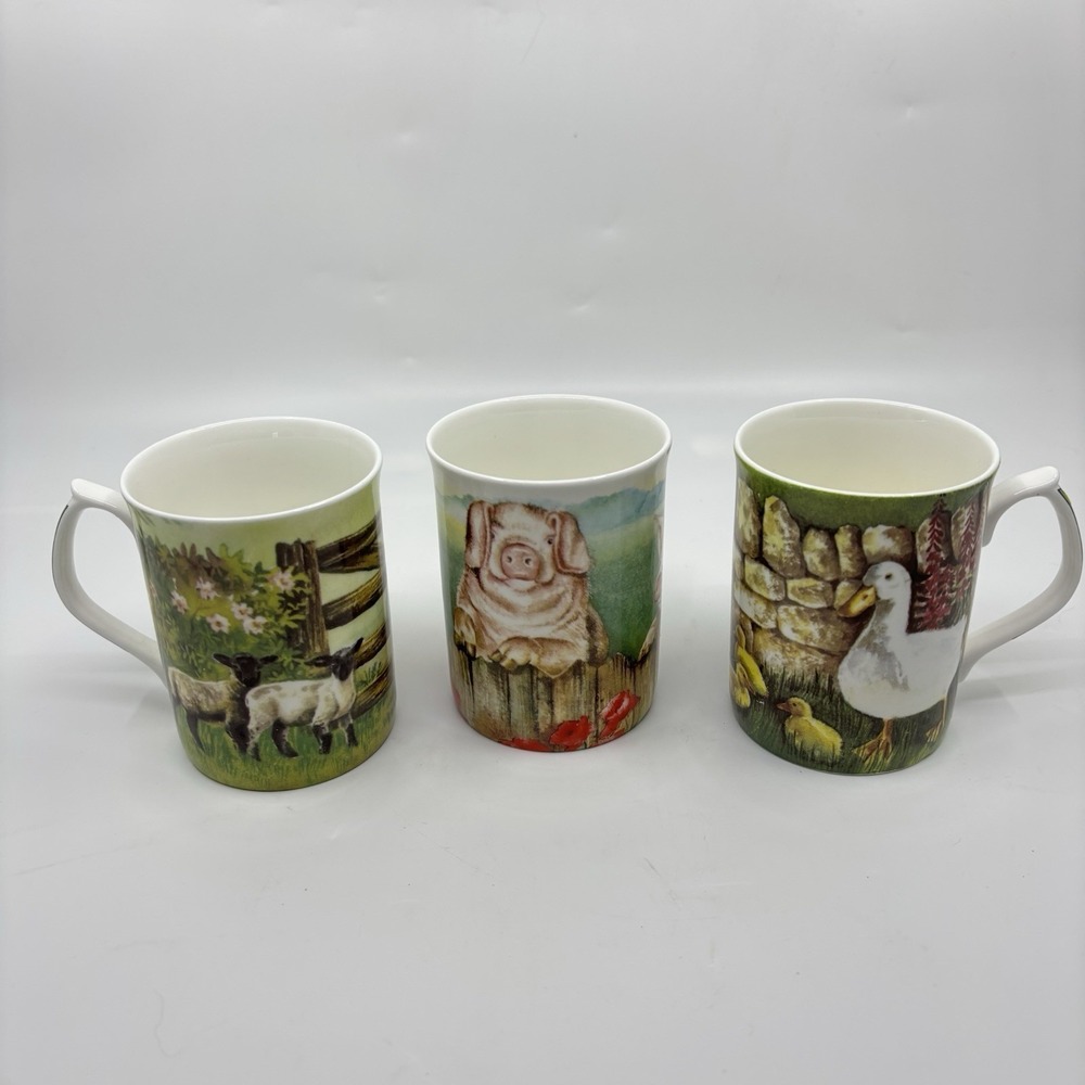 Ann Blockley Pig Sheep Duck Farmyard‎ Mug Cup Fenton China Company Lot of 3